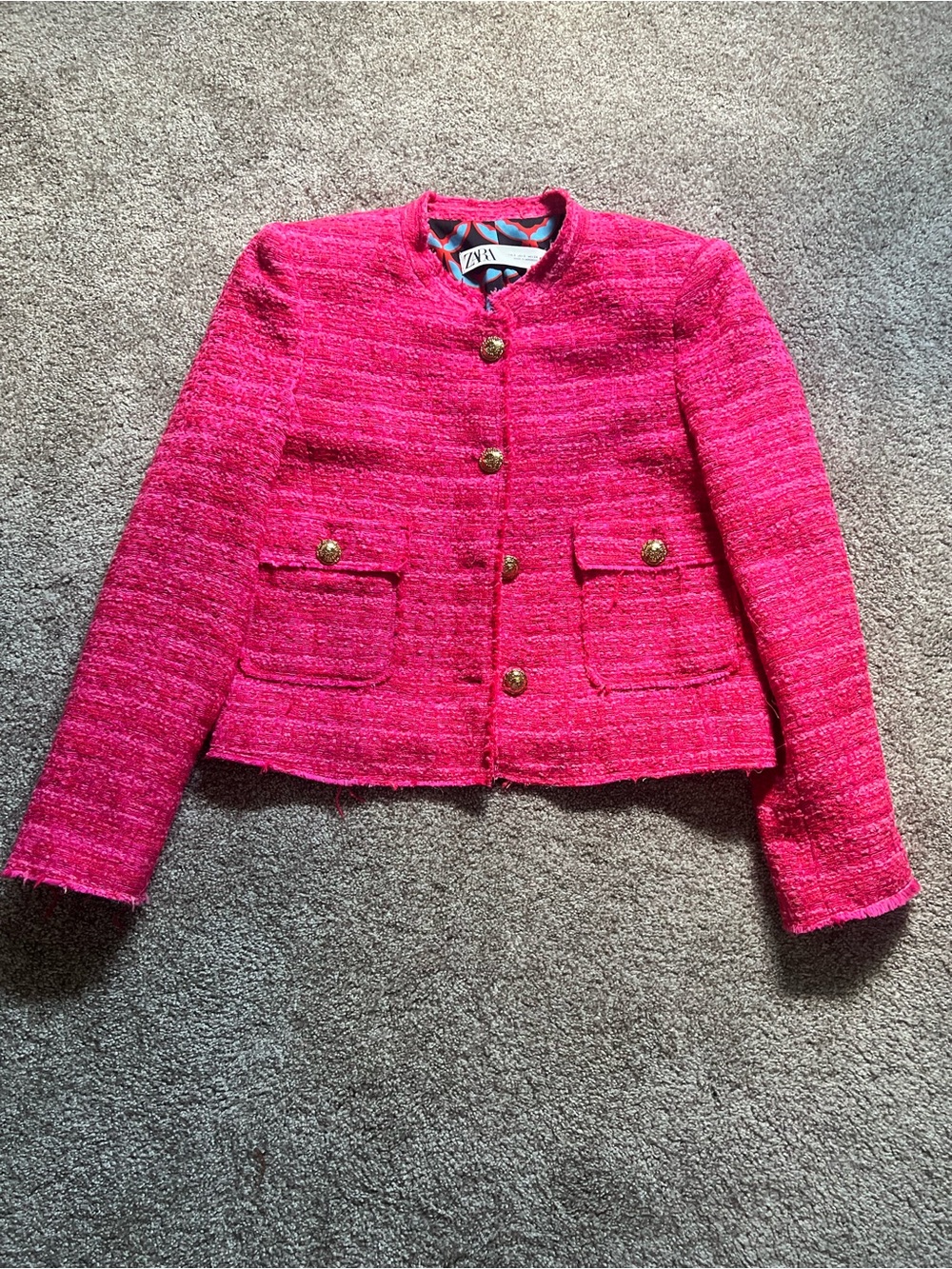 Zara Bright Pink Tweed Button-Front Jacket